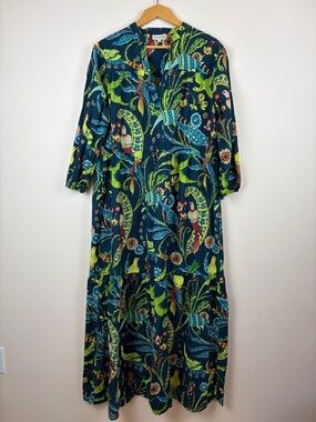 Fitzroy & Willa Tiered Long Sleeve Maxi Dress Blue Floral/Bird Print